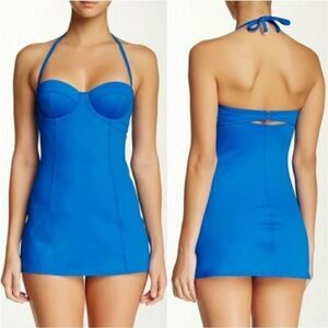 Spanx Swim Top Only Retro Dresskini Size 12 Electric Blue With Straps Swimsuit